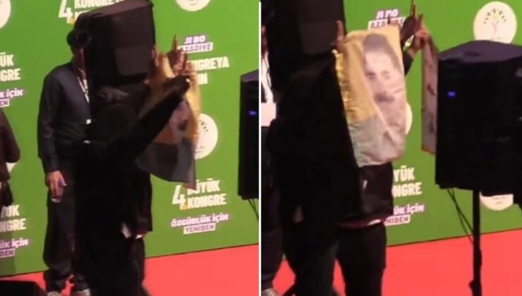 Yeşil Sol Parti kongresinde skandal! Yüzlerini kapatıp terörist elebaşı Öcalan posteri açtılar